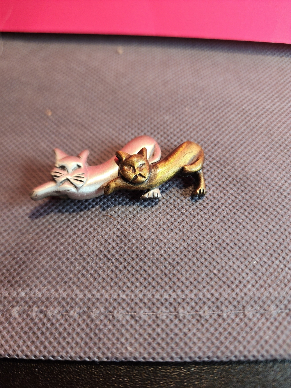 Metal Cat Brooch -  Stretching Cat - Silver & Gold